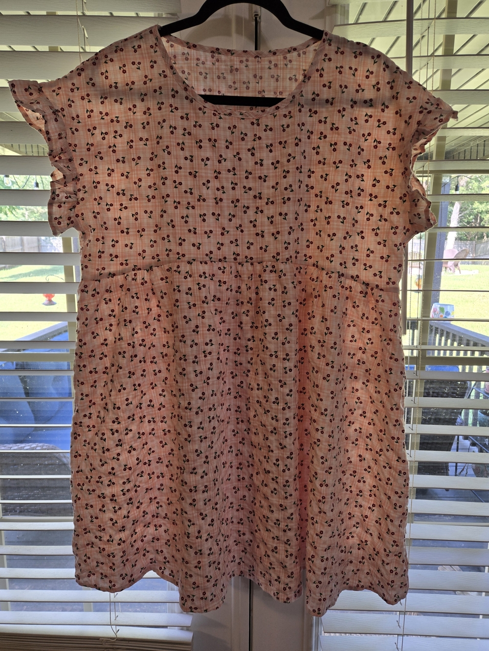 Shein Pink Floral Cherry Style Gingham Print Ruffle Sleeve Dress Sz Large